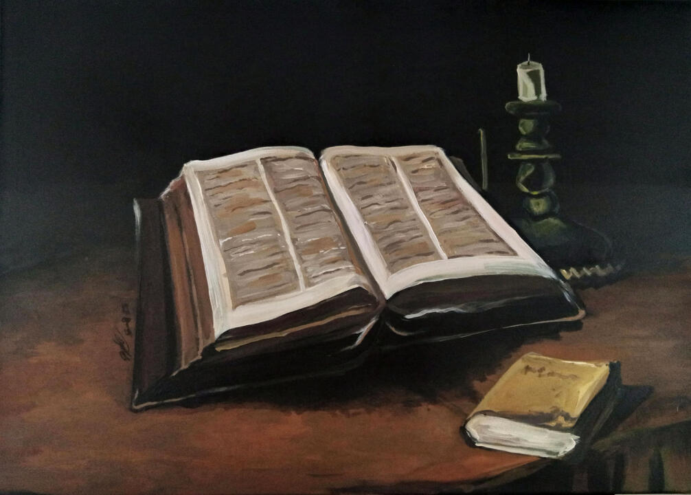 Acrílico sobre lienzo, cuadro en referencia a la obra original "Naturaleza muerta con Biblia" de Vincent van Gogh
