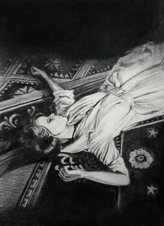 Dibujo sobre papel con carboncillo, escena de la pelicula "Eyes Without a Face" 1960