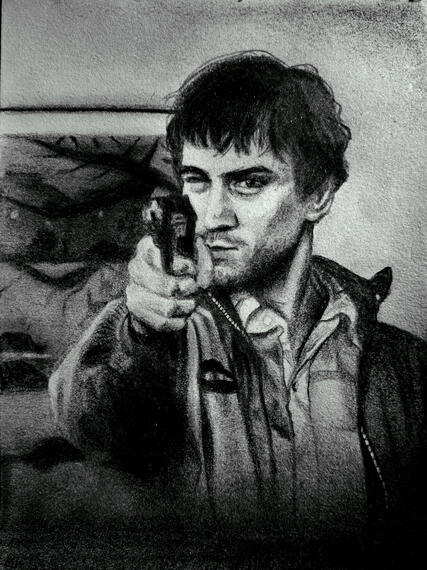 Dibujo sobre papel con carboncillo, escena de la pelicula "Taxi Driver" 1976